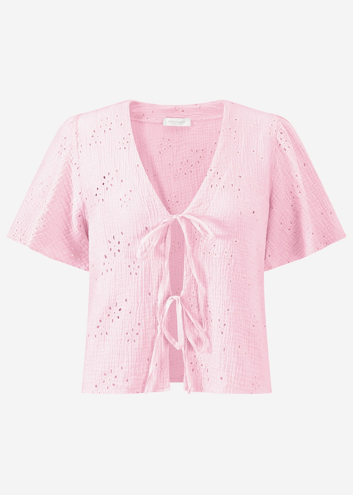 Muslin tie-up blouse with eyelet embroidery - baby pink