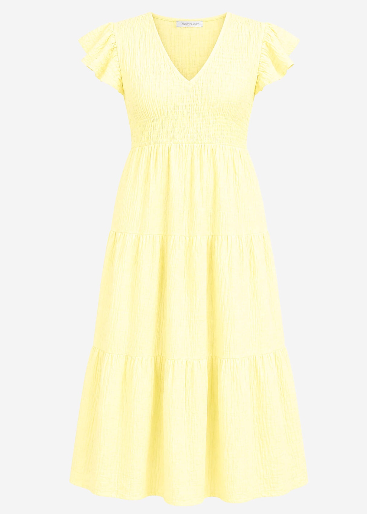 Maxi Musselin dress with ruffles and winged sleeves - butter yellow