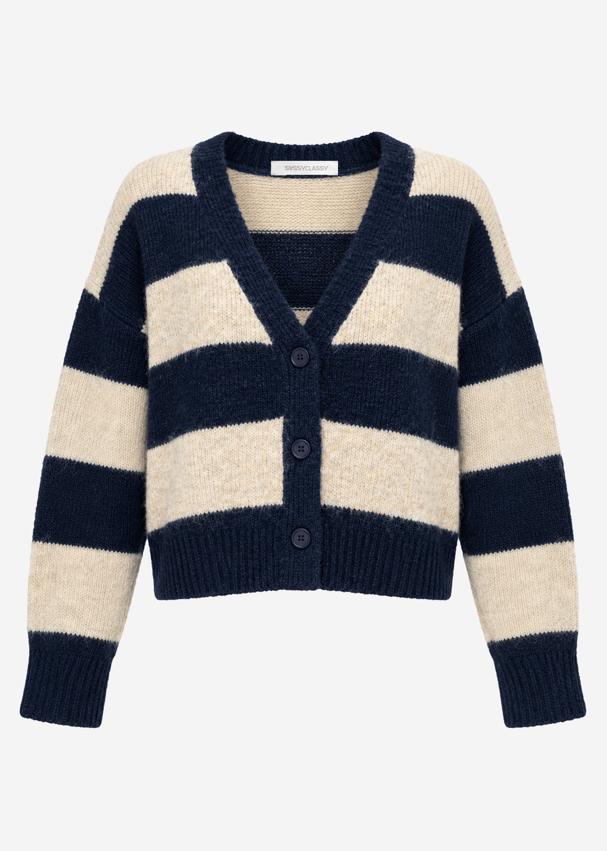 Cardigan with block strips and V-neck-beige-dark blue