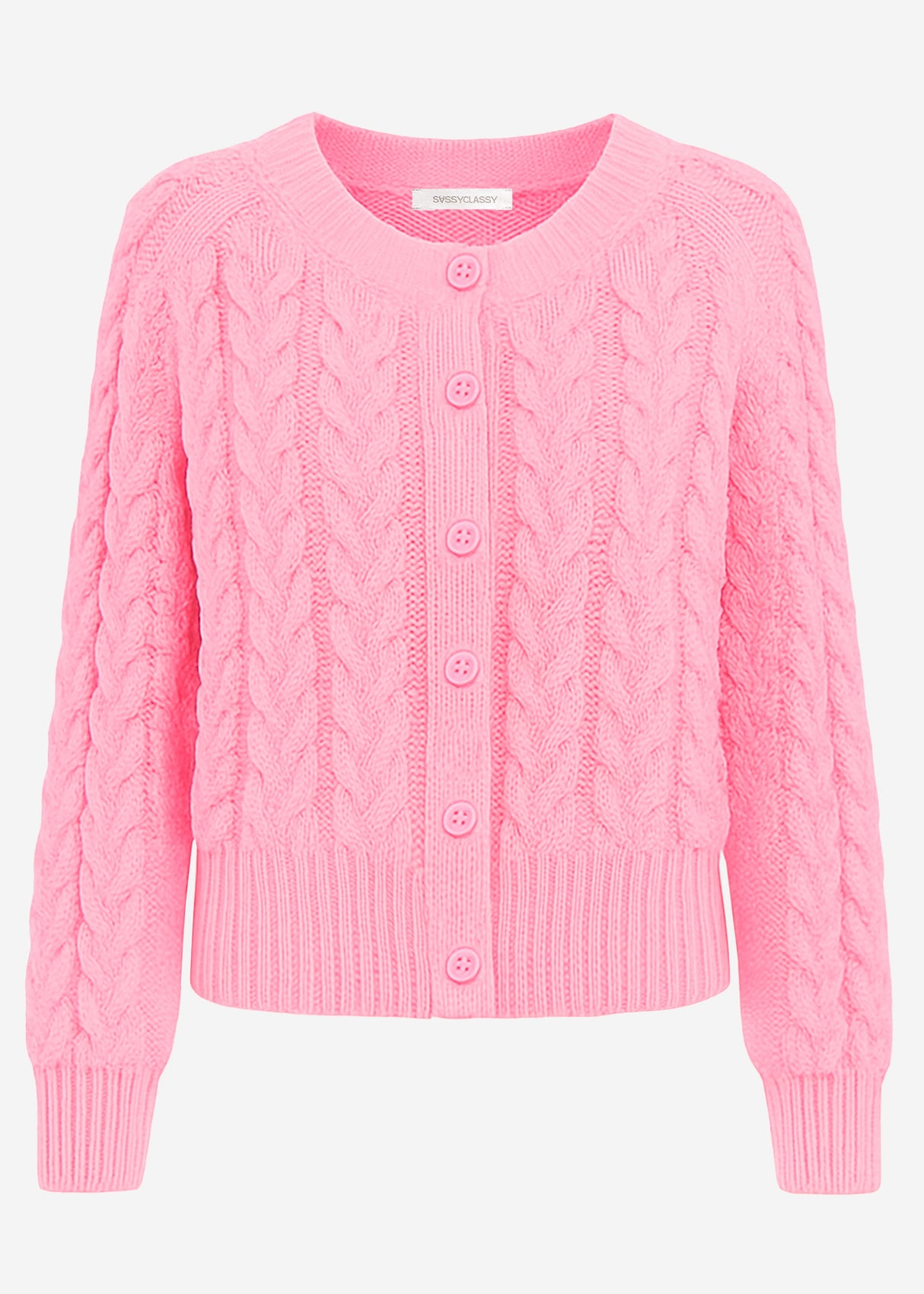 Zopfstrick-Cardigan mit Rundhalsausschnitt - pink