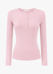 Ribbed long-sleeved top with button placket - rose