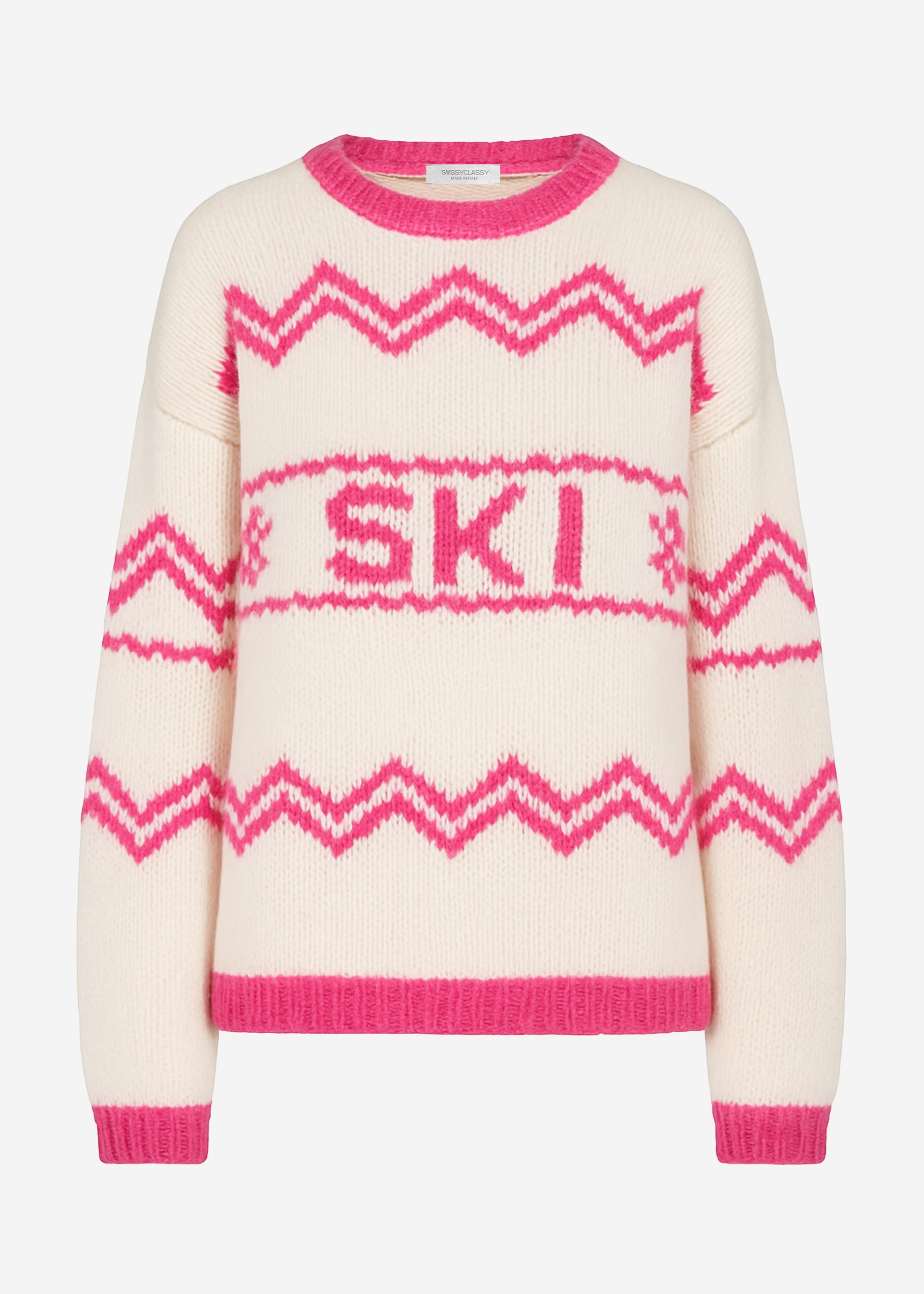 Knitting sweater in ski design - off-white Pink