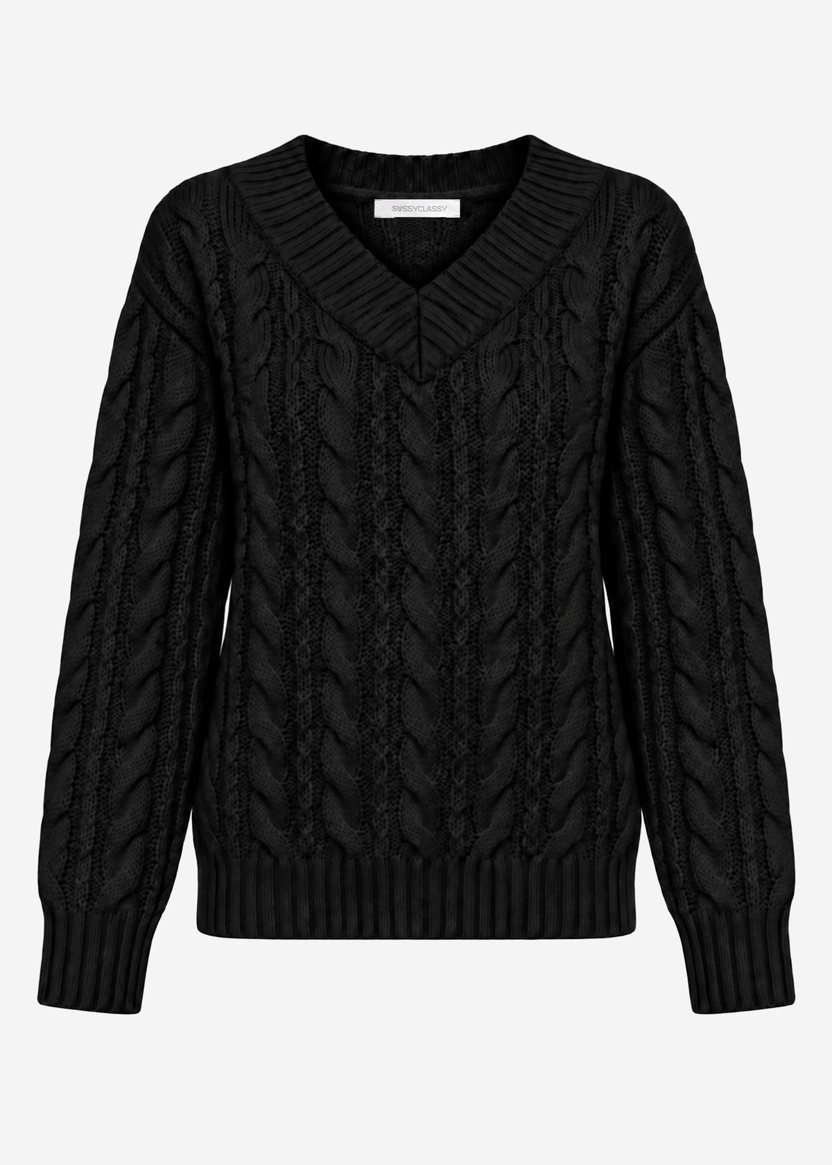 Zopfstrickpullover mit V-Ausschnitt - schwarz