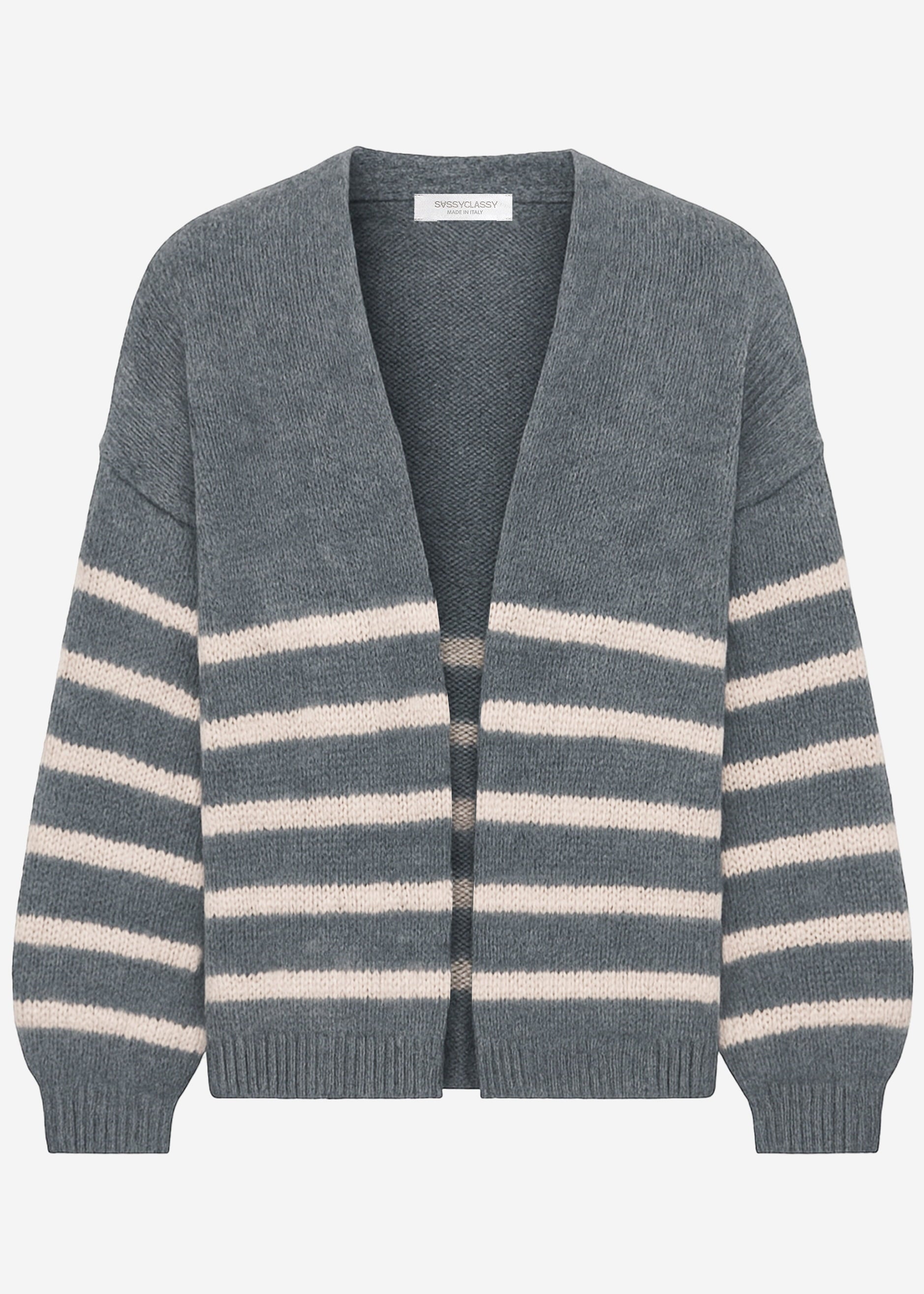 Gestreifter Cardigan mit Außennähten - grau
