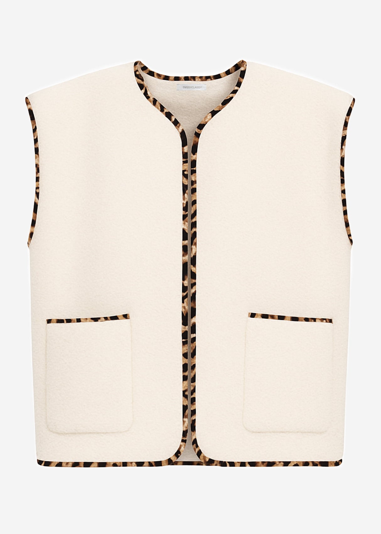 Teddy vest with leopard print trim - beige