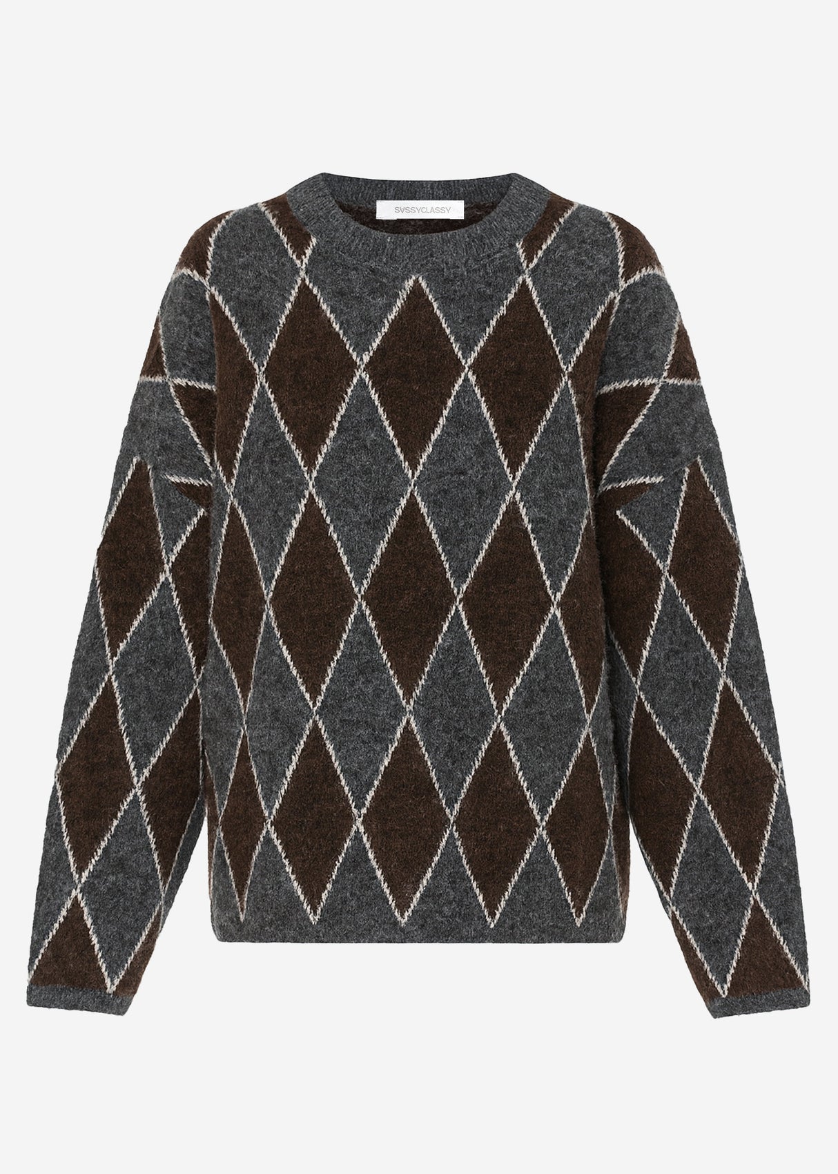 Oversized knit sweater with diamond pattern - gray-brown