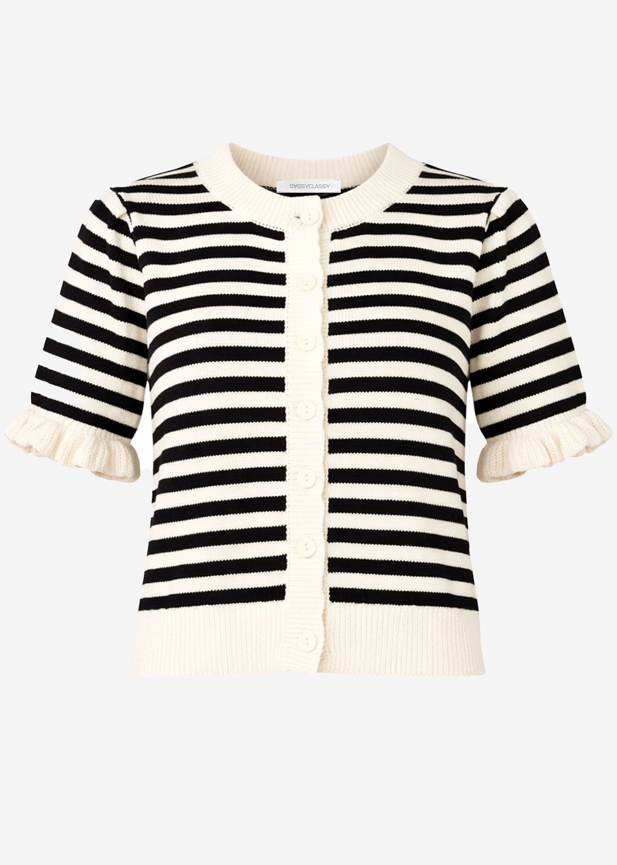 Gestreifte Kurzarm-Strickjacke mit Volants - offwhite-schwarz