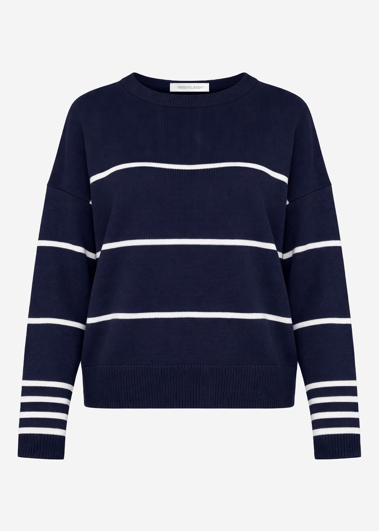 Feinstrickpullover mit Kontraststreifen - dunkelblau