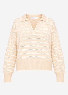 Feinstrickpullover mit Polokragen und Ajourstreifen - beige