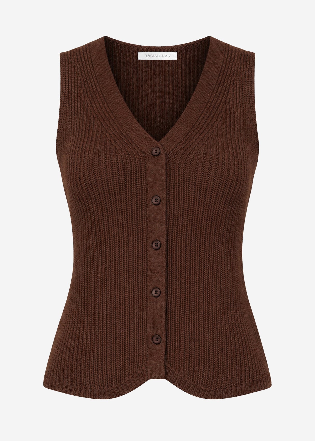 Knit top with button placket and deep V-neck - brown