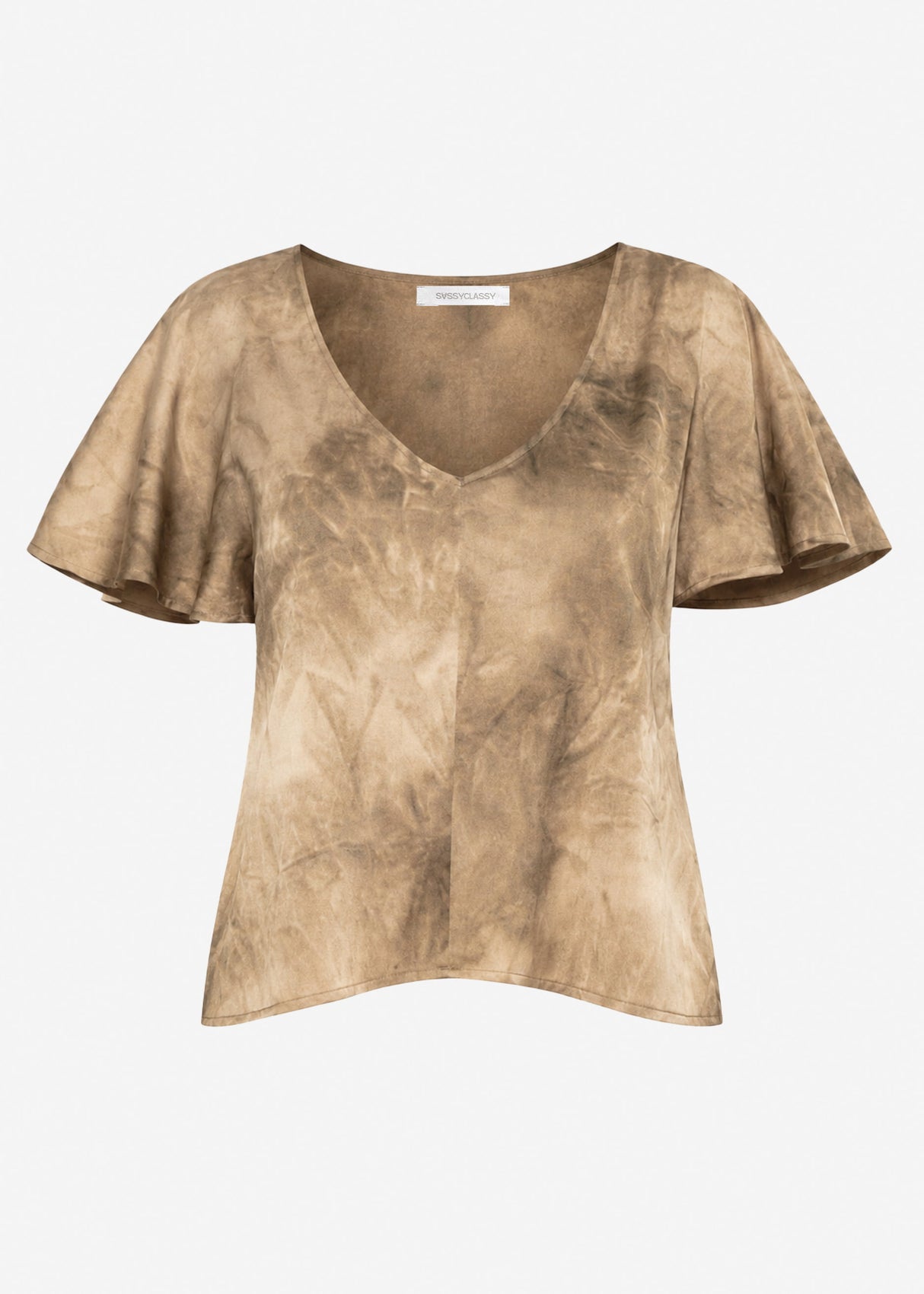 Kurzarm Satin Bluse mit Batik-Muster - braun