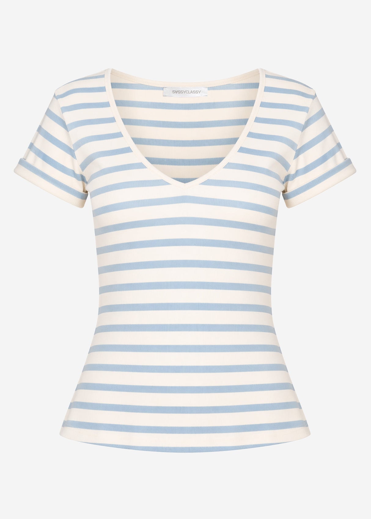 Gestreiftes T-Shirt mit V-Ausschnitt - blau-offwhite