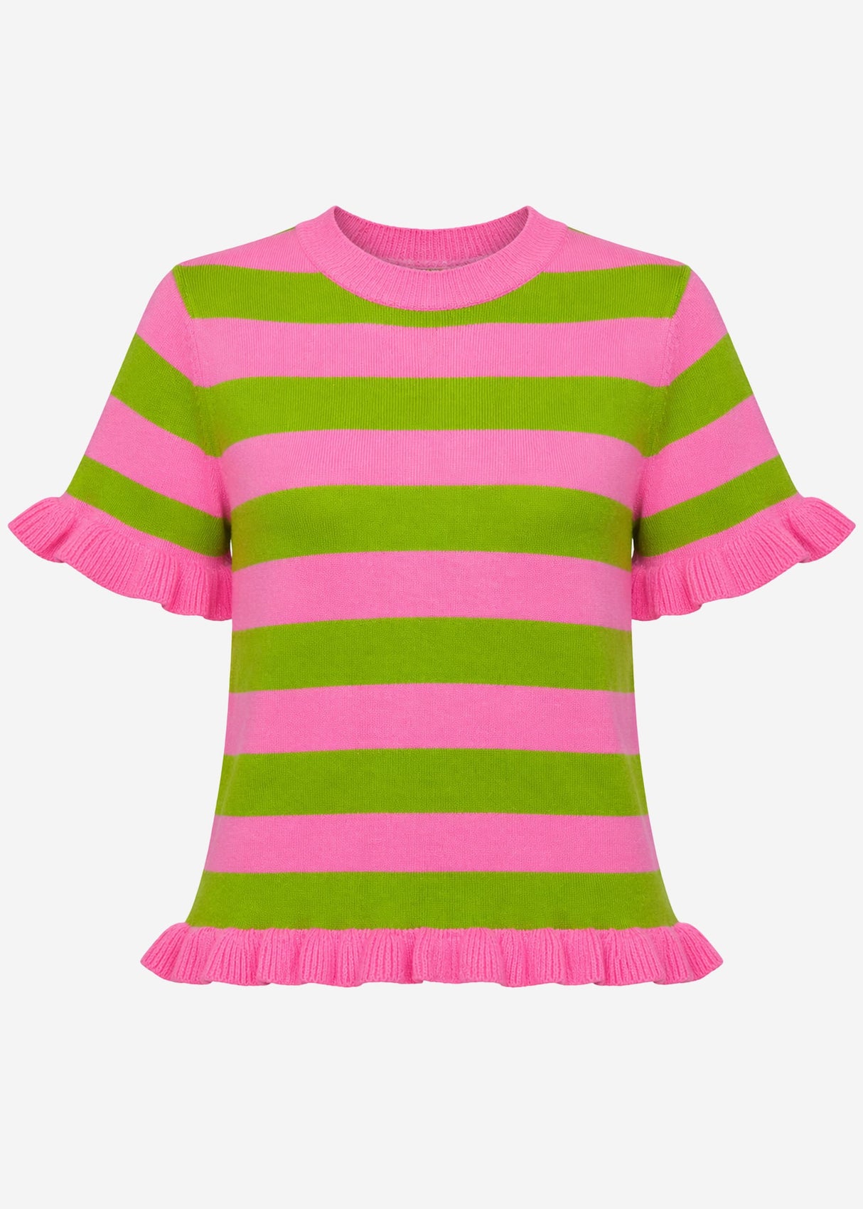 Gestreifter Kurzarm-Pullover mit Volants - pink-grün