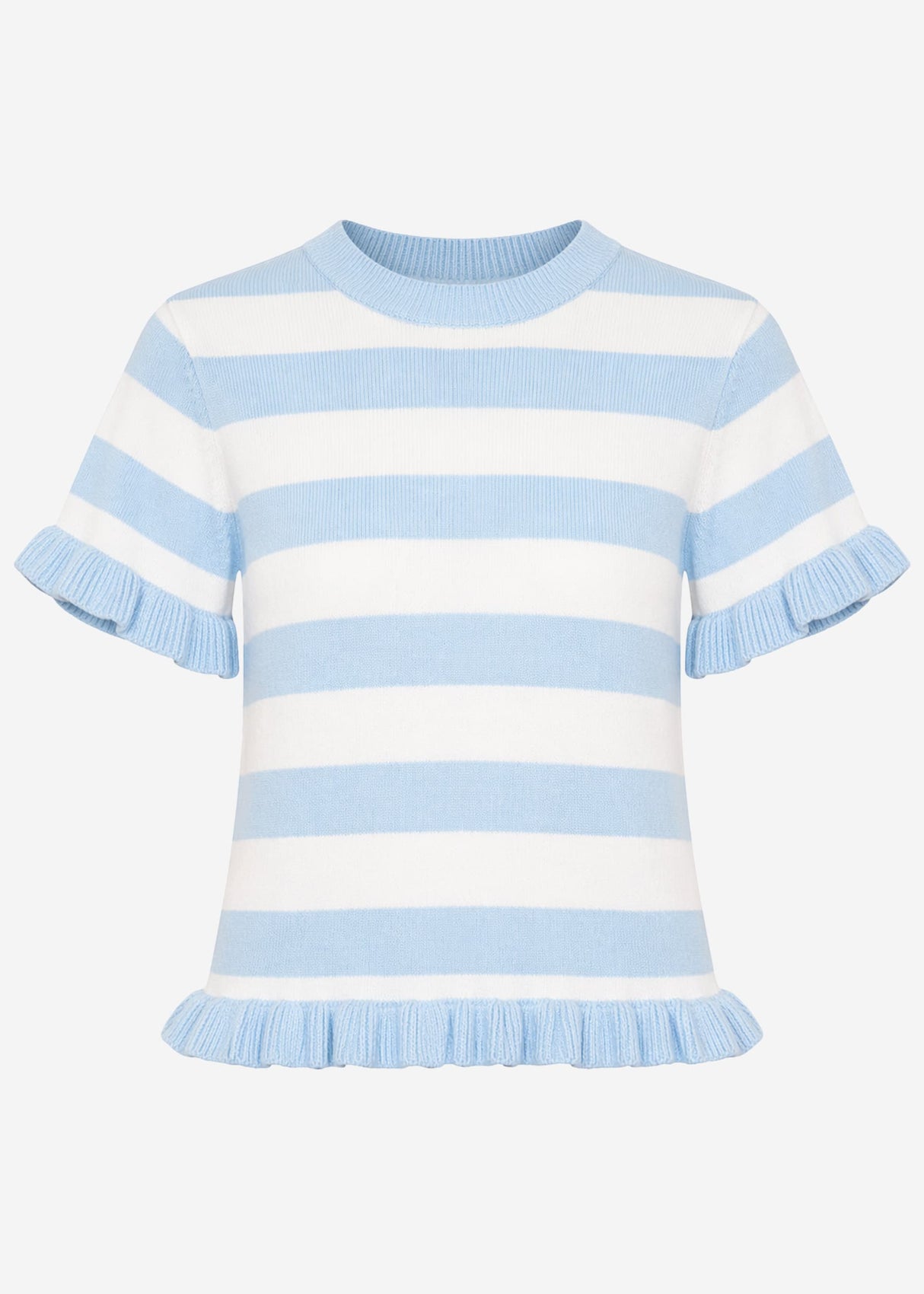 Striped short-sleeved sweater with flounces - blue-off-white