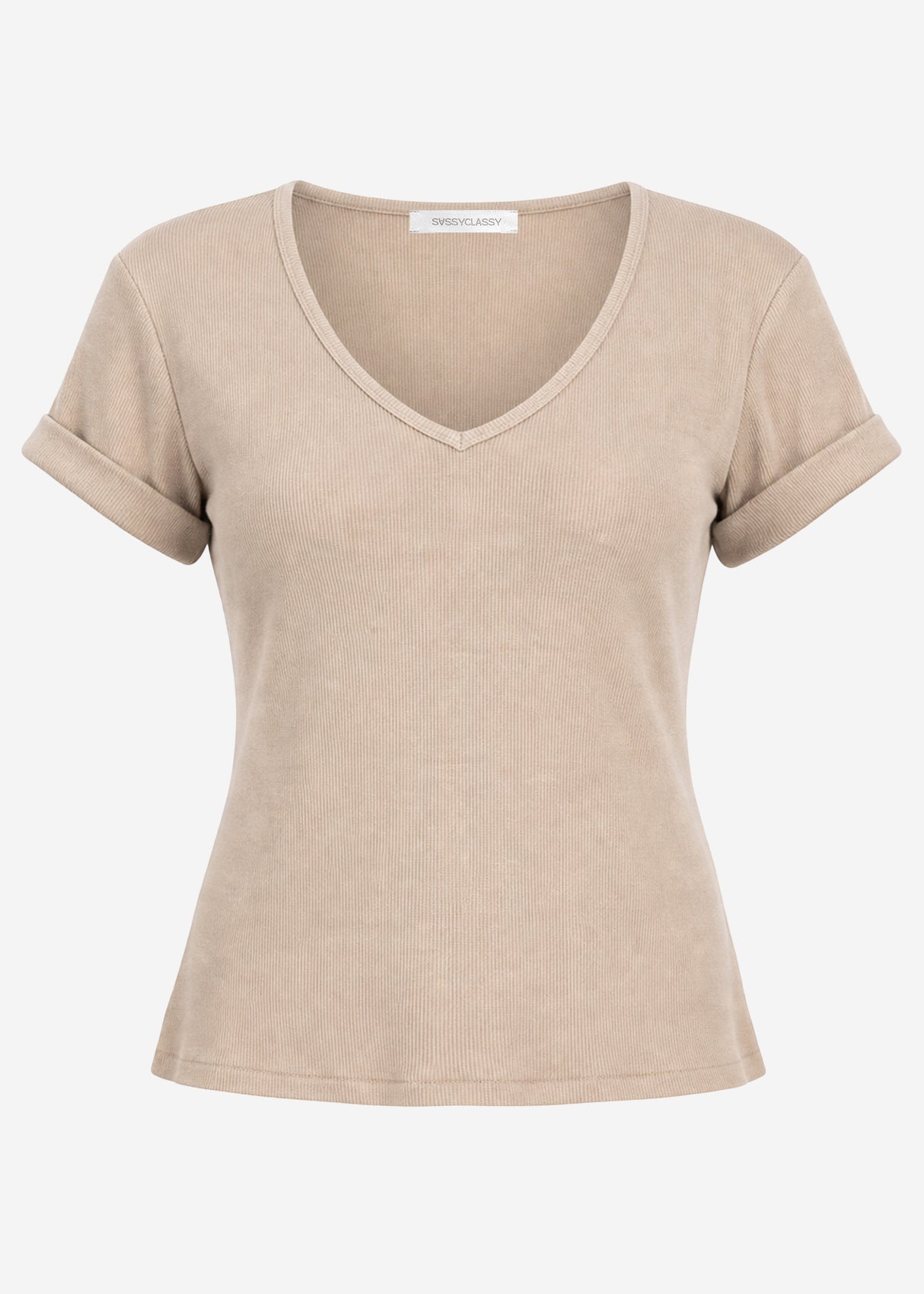 Geripptes T-Shirt mit V-Ausschnitt - taupe