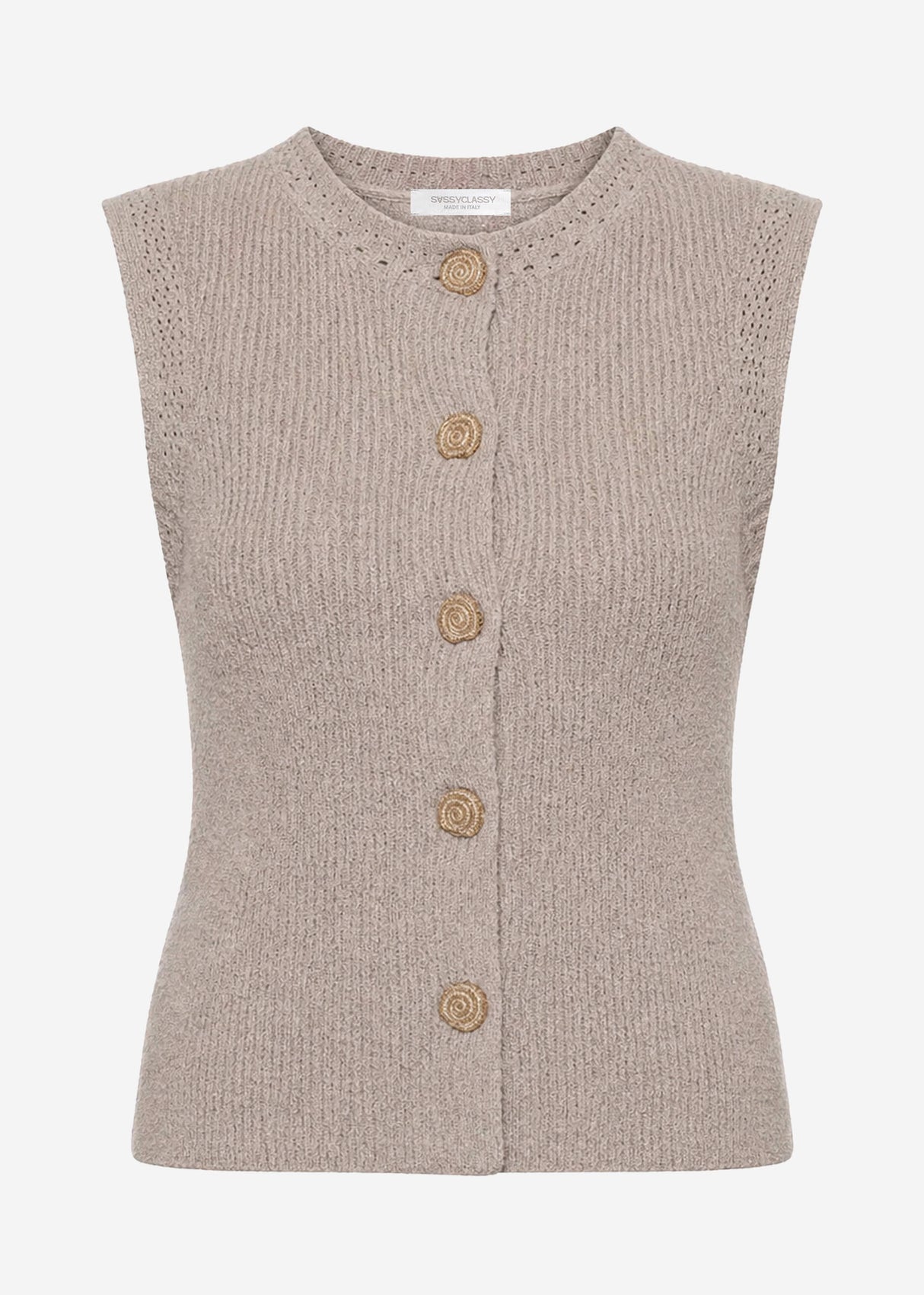 Knitted Top with Shell Buttons - Taupe