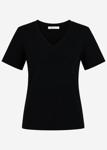 Relaxed ribbed T-shirt with V-neck - black