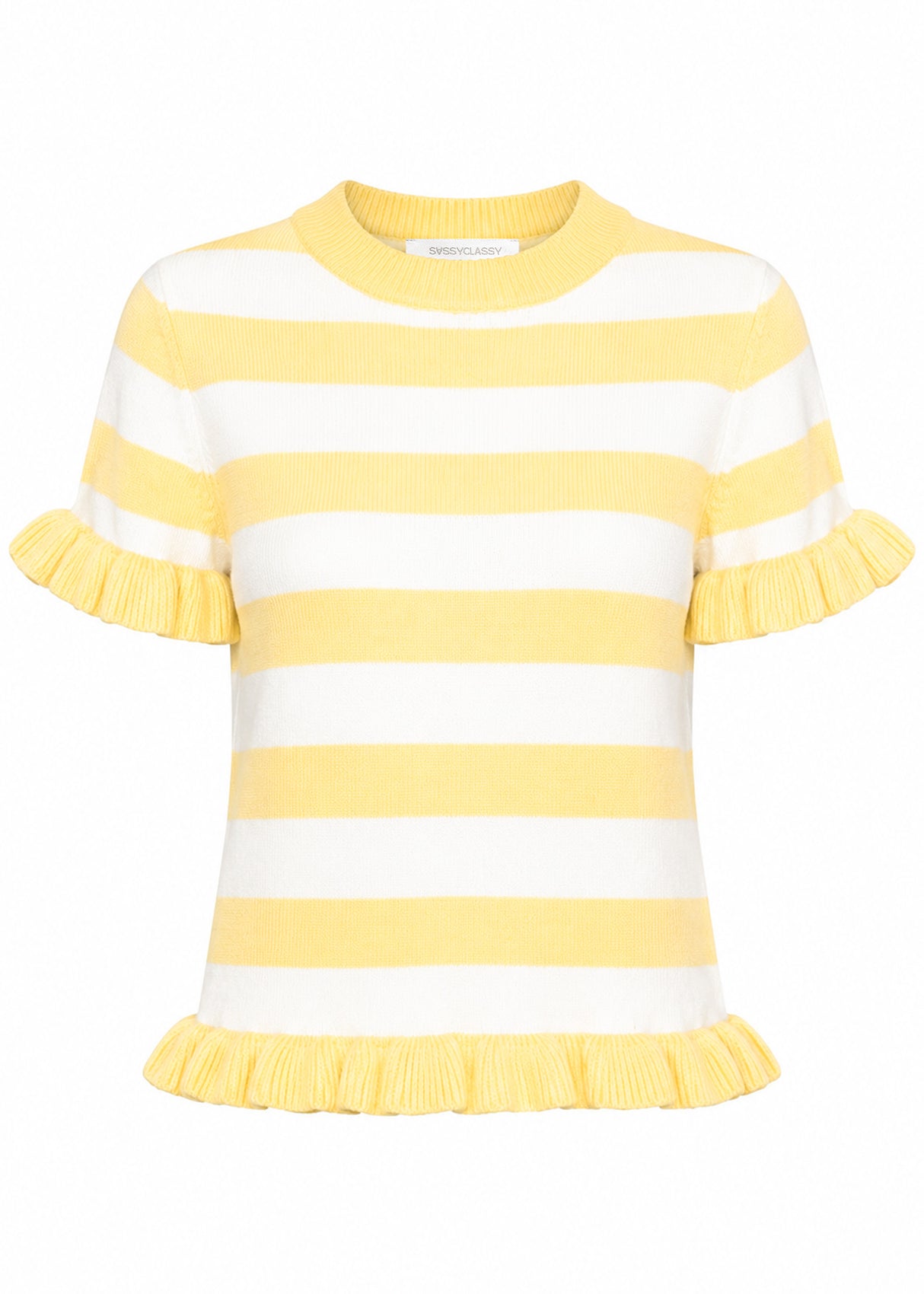 Gestreifter Kurzarm-Pullover mit Volants - offwhite-buttergelb