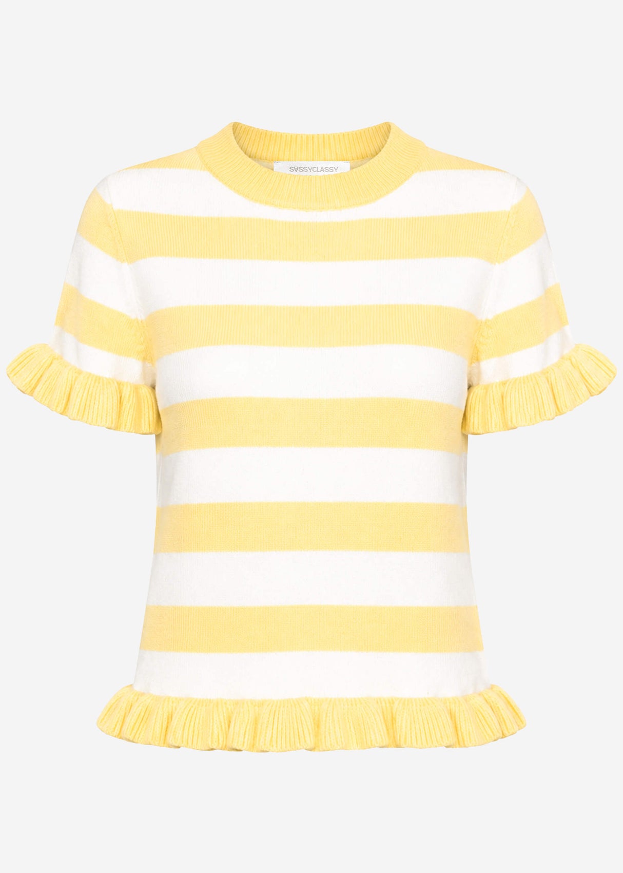 Gestreifter Kurzarm-Pullover mit Volants - offwhite-buttergelb