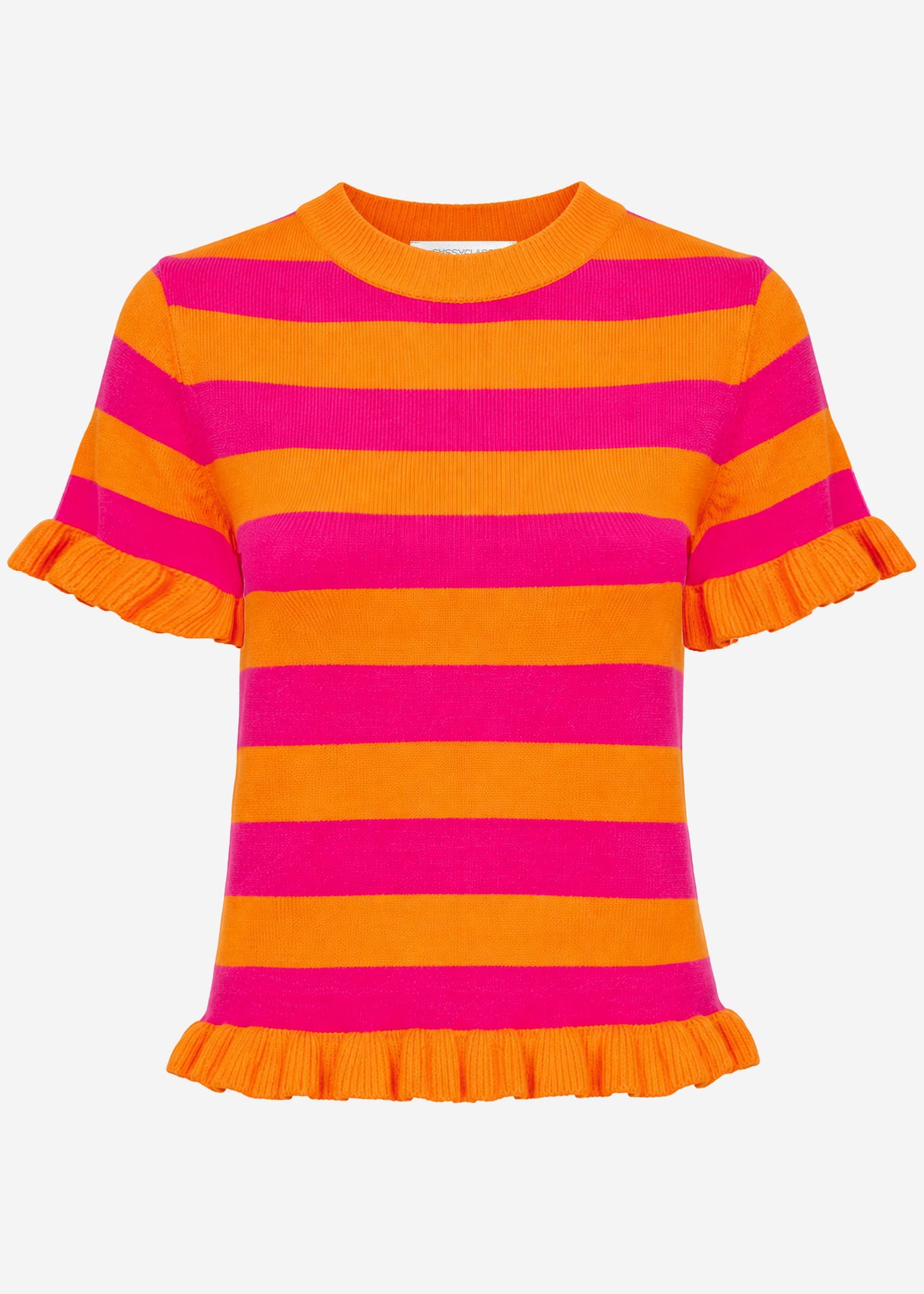 Gestreifter Kurzarm-Pullover mit Volants - orange-pink