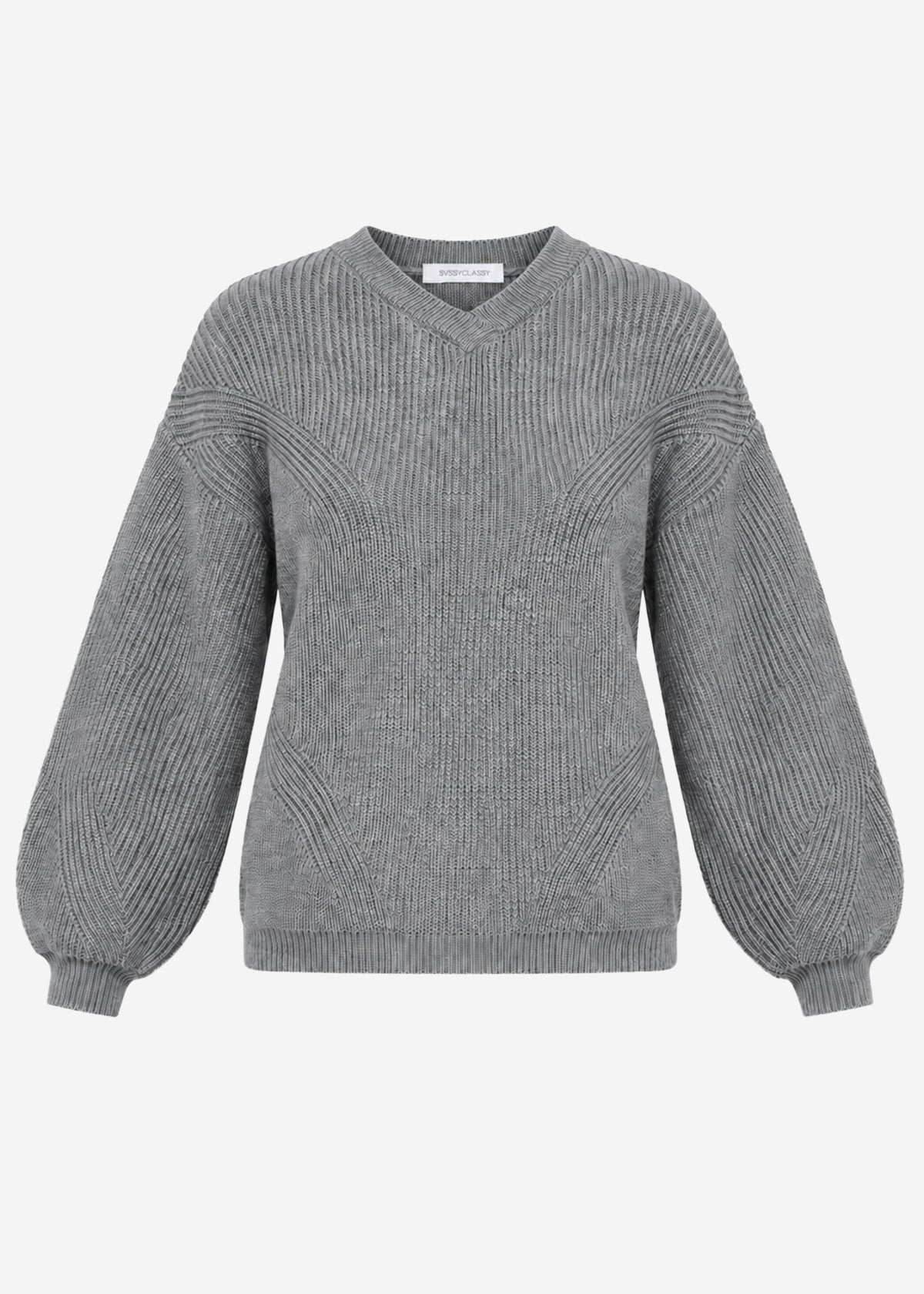 Rippstrickpullover mit hohem V-Ausschnitt - grau