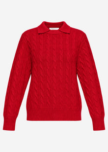 Strickpullover mit Zopfmuster und Kragen - rot