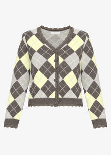 Cardigan with diamond pattern and lace trim - grey
