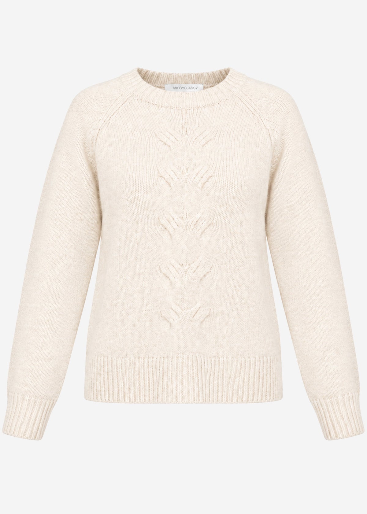 Flauschiger Strickpullover mit Zopfmuster - hellbeige