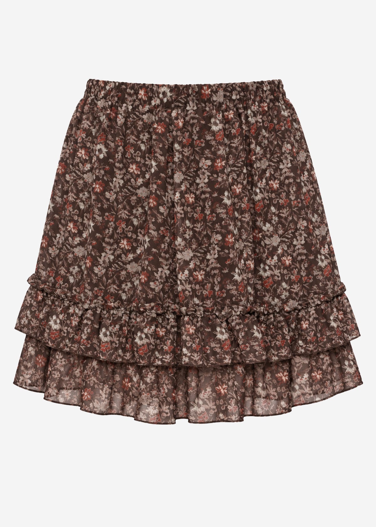 Kurzer Volant-Rock mit floralem Print - braun