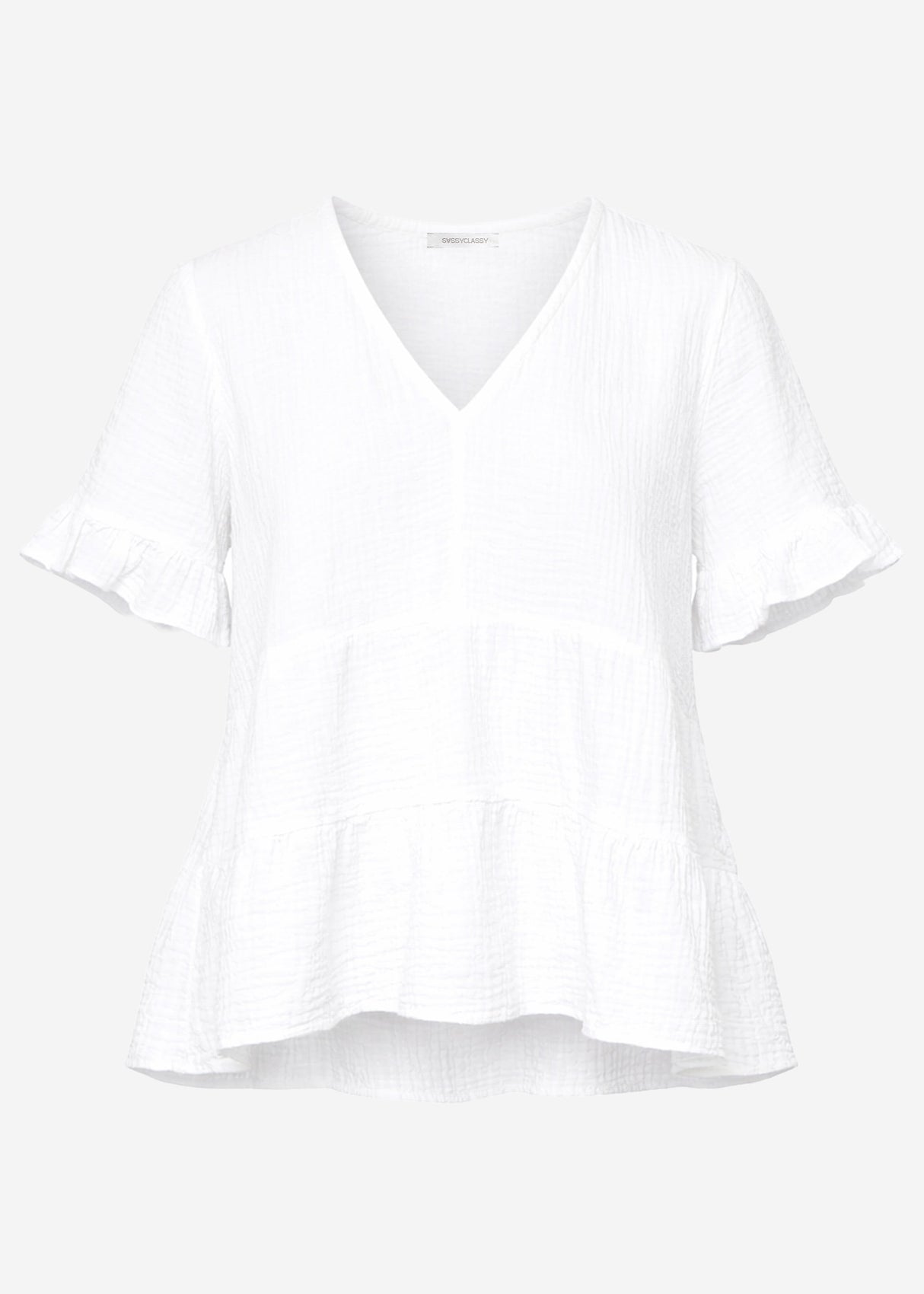 Muslin Shirt with Ruffles and Deep V-Neck - White