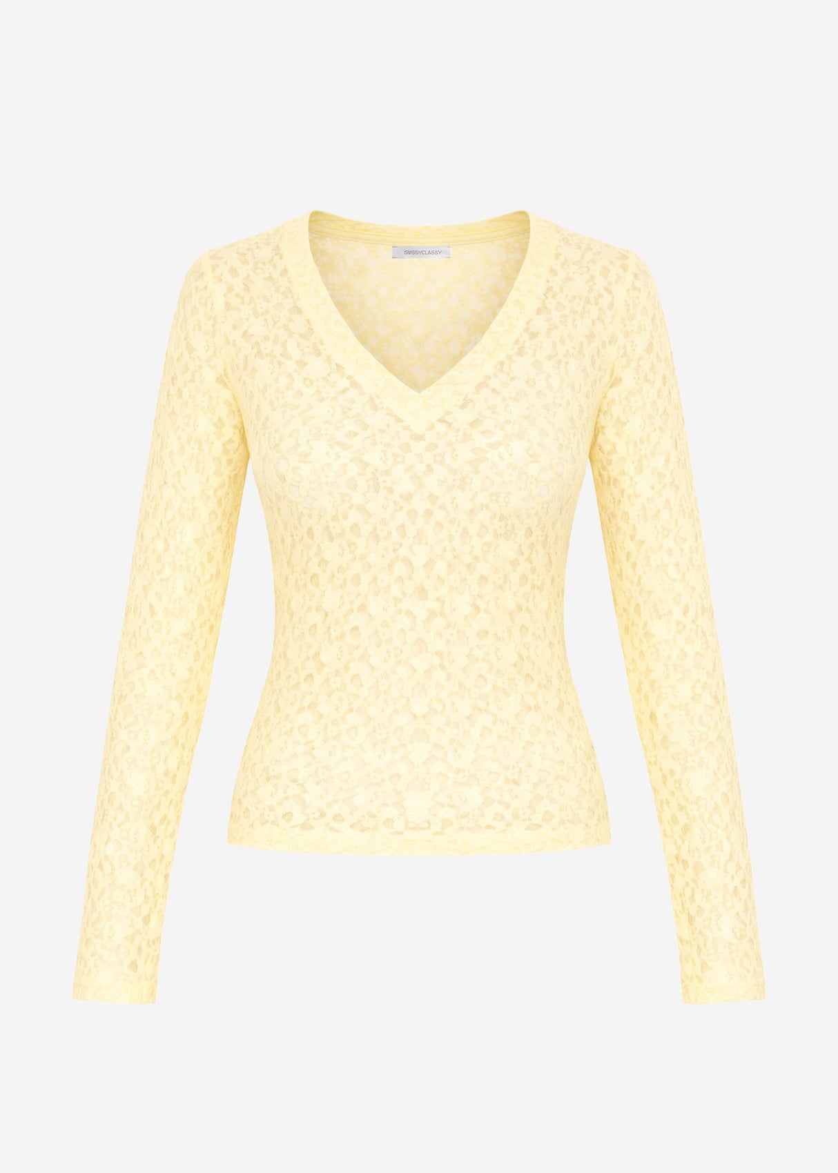 Long-sleeved lace top with V-neck - butter yellow