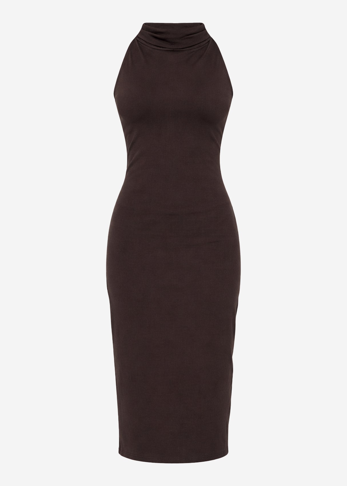 Midi dress with stand-up collar and back slit - brown