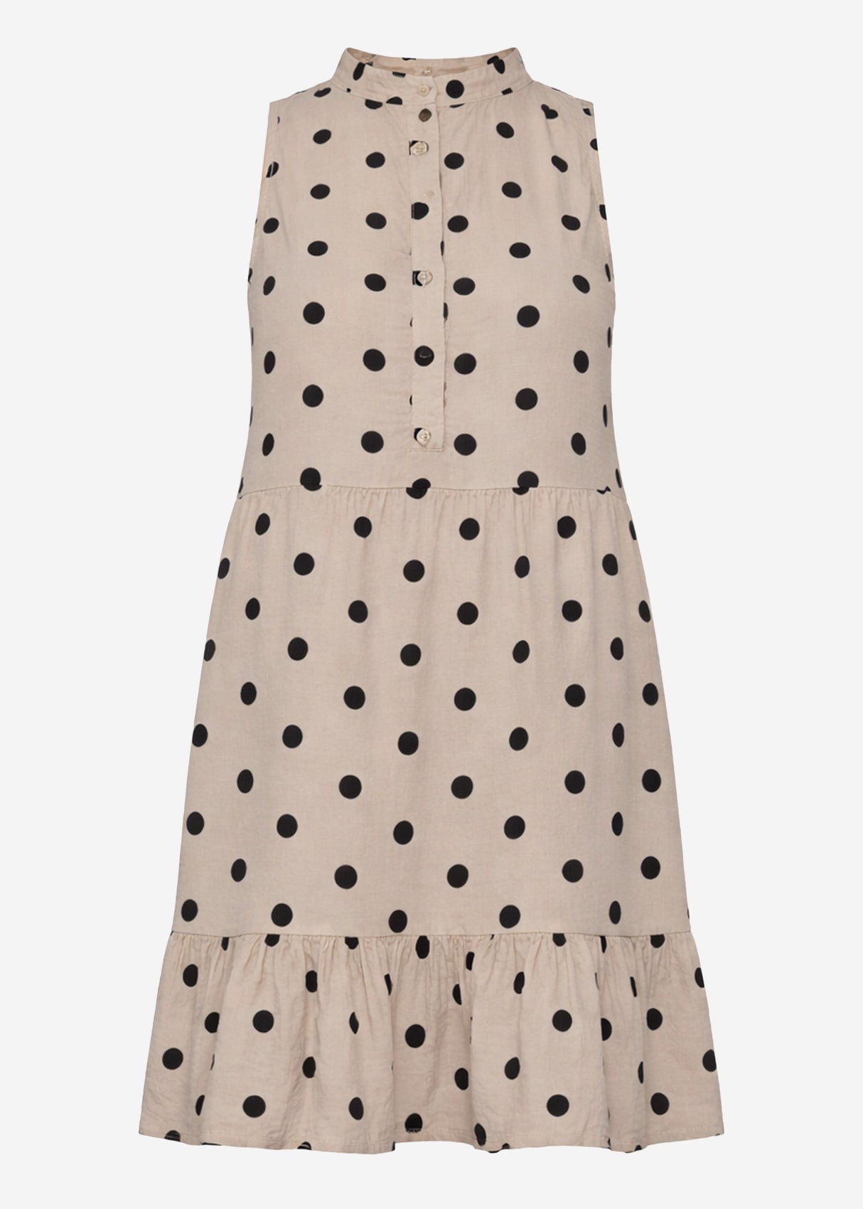 Ärmelloses Musselin Kleid mit Volants und Punkte Print - taupe