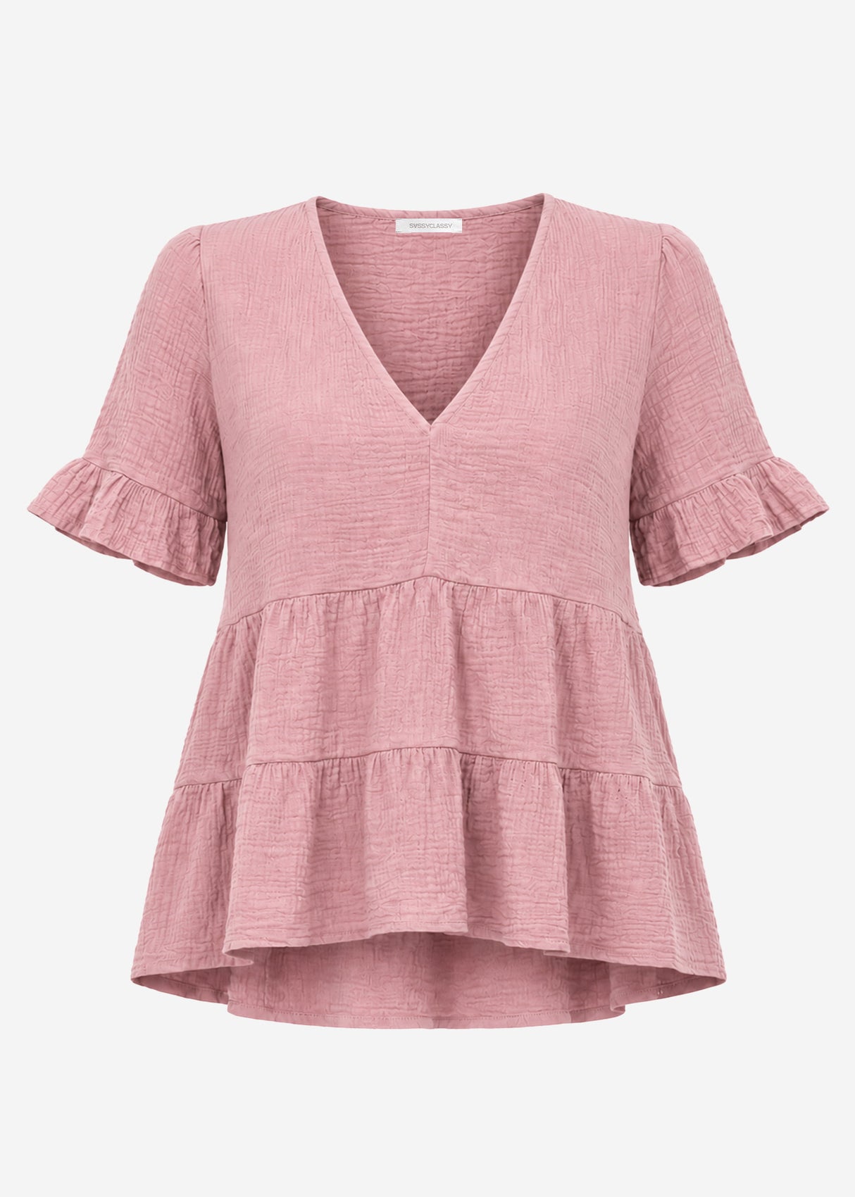 Musselin Shirt mit Volants und tiefem V-Ausschnitt - altrosa