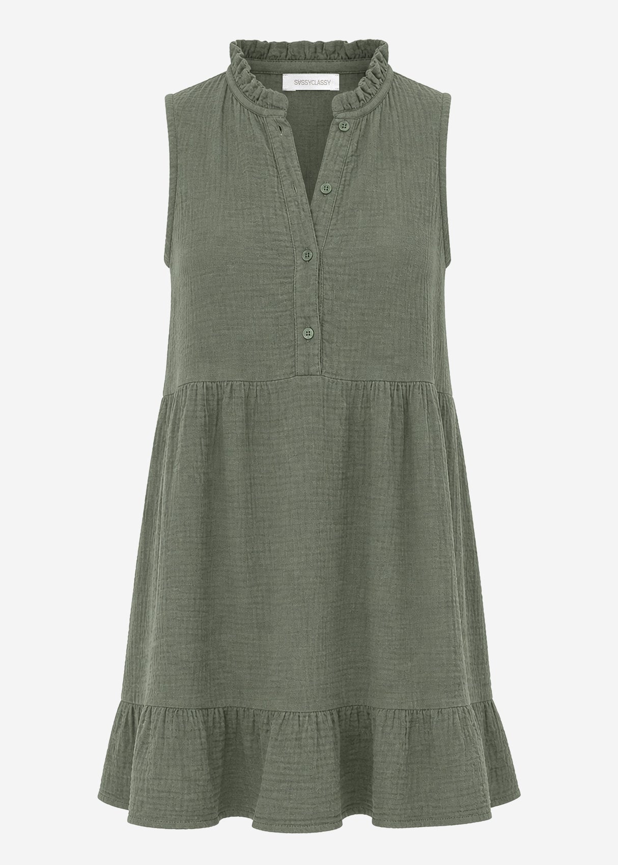 Ärmelloses Musselin Kleid mit Volants - khaki