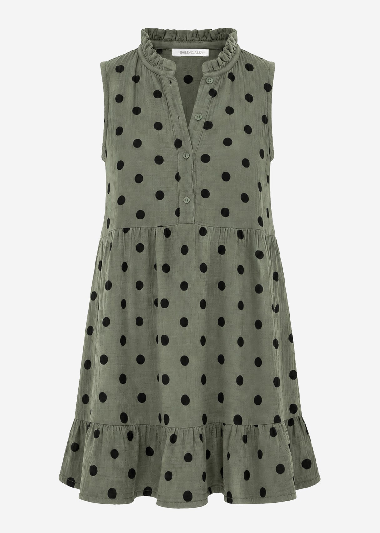 Ärmelloses Musselin Kleid mit Volants und Punkte Print - khaki