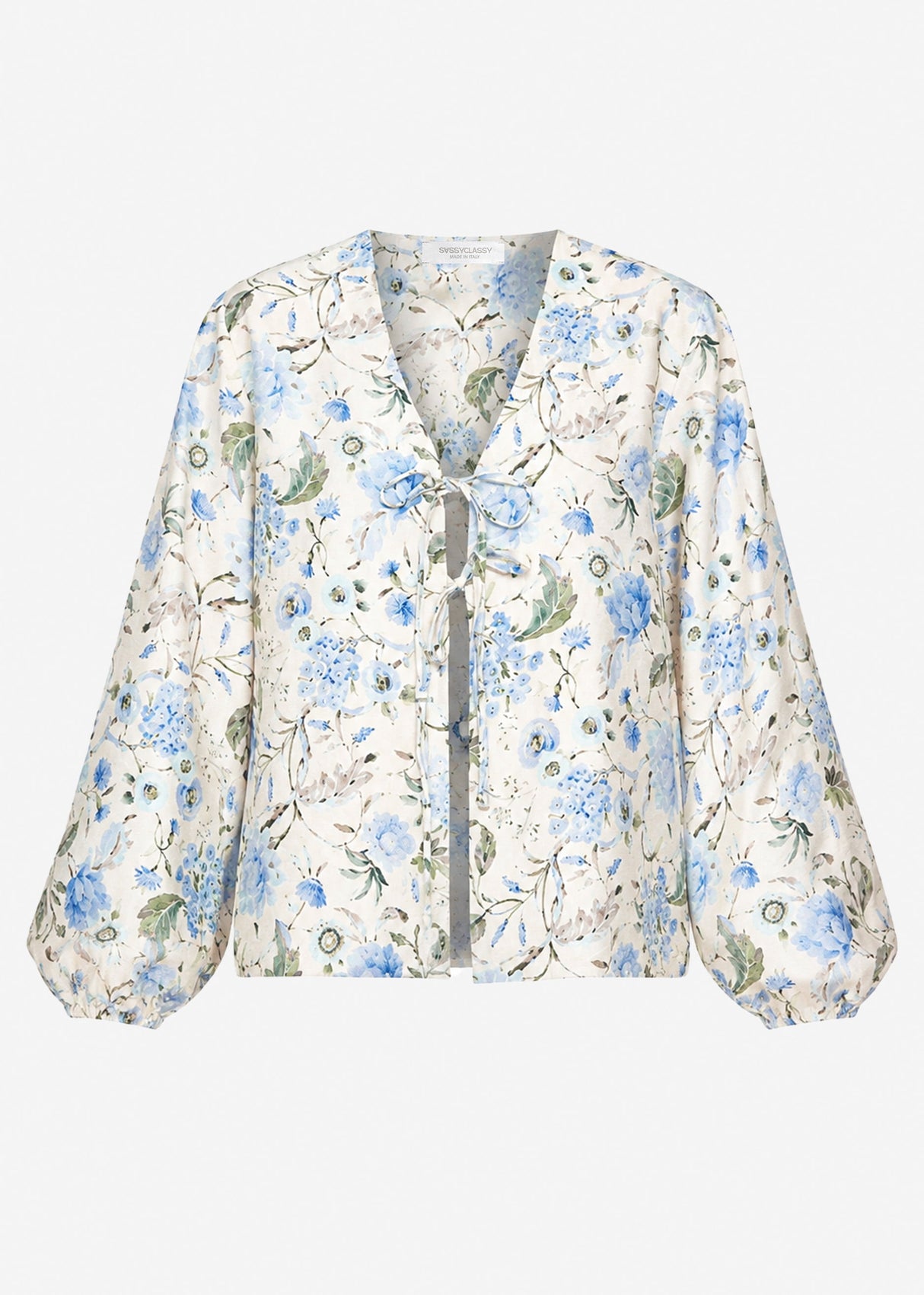 Blusenjacke mit Bindebänder und Blümchendruck - beige-blau