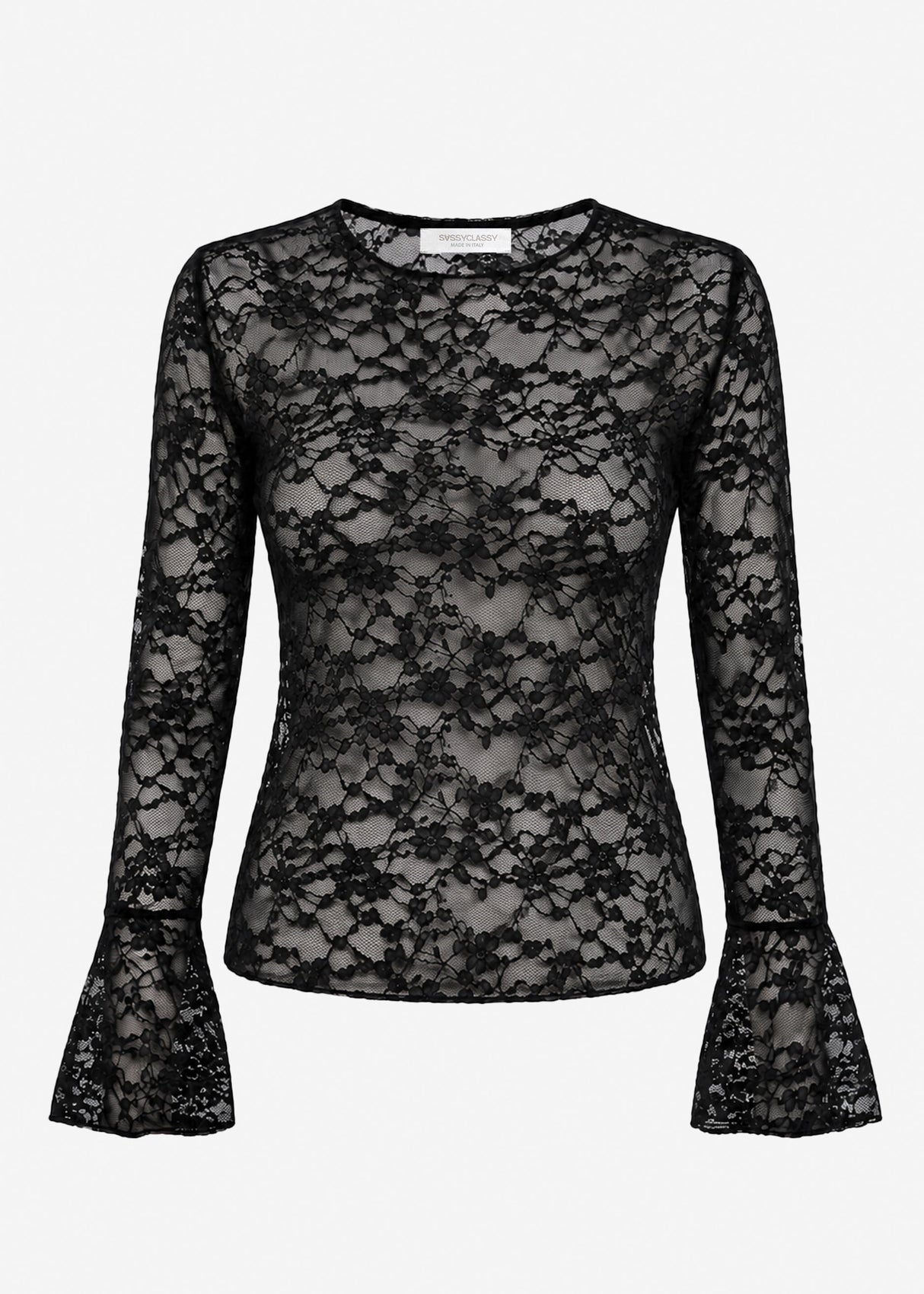 Langarmshirt aus Spitze mit Volantärmel - schwarz