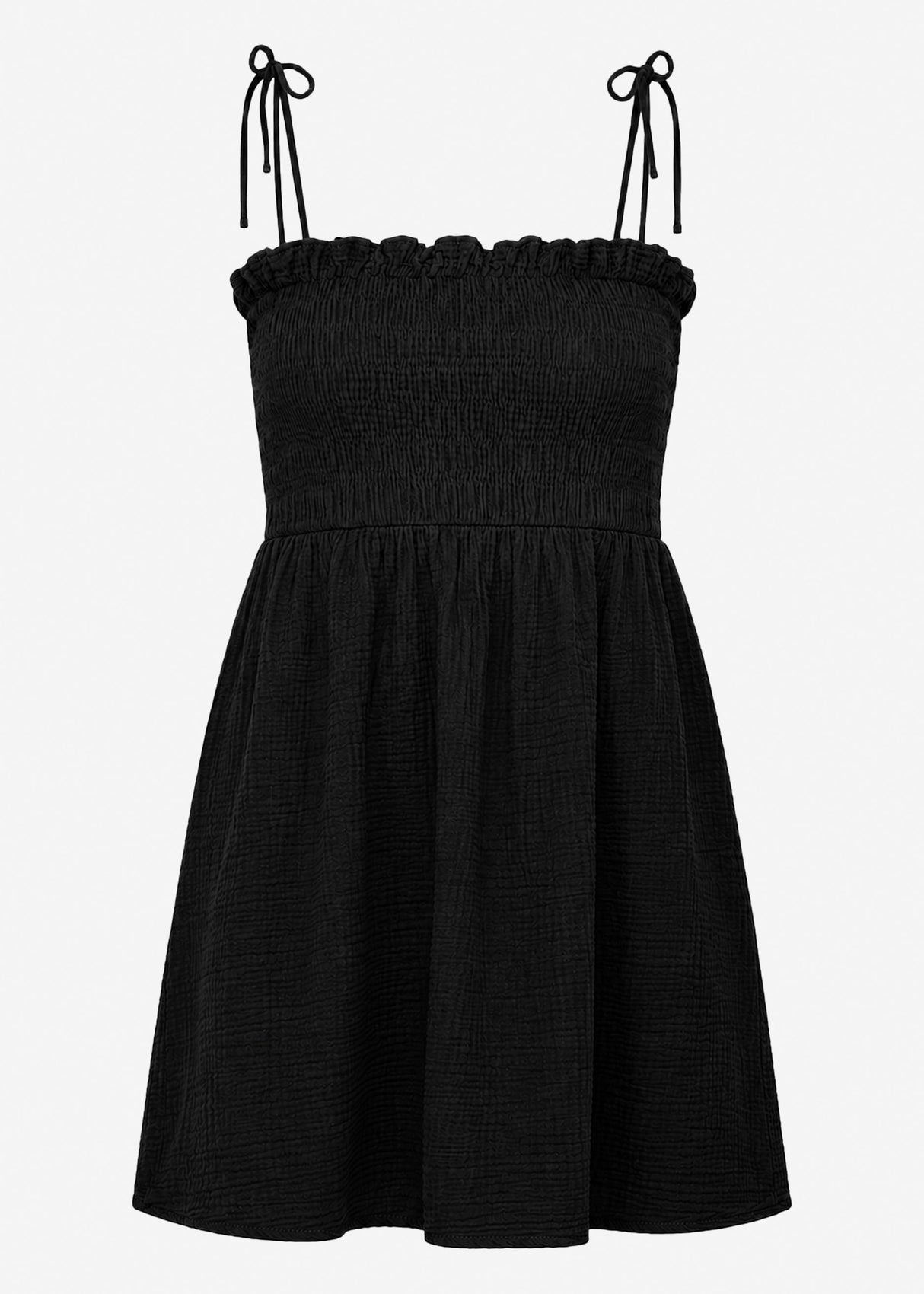 Musselin Kleid mit Smok-Oberteil und Schleifenträgern - schwarz