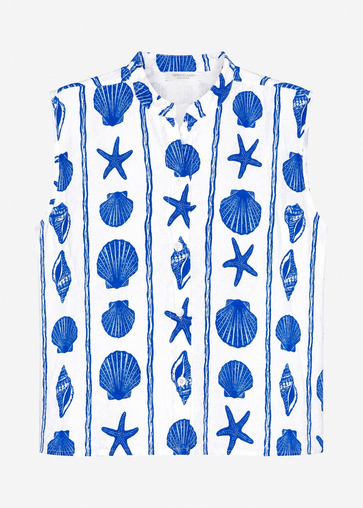 Ärmellose Bluse mit maritimem Print - weiß-blau