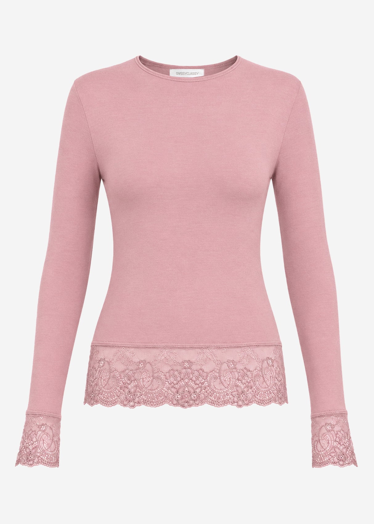 Langarmshirt mit Spitze und Kaschmiranteil - altrosa