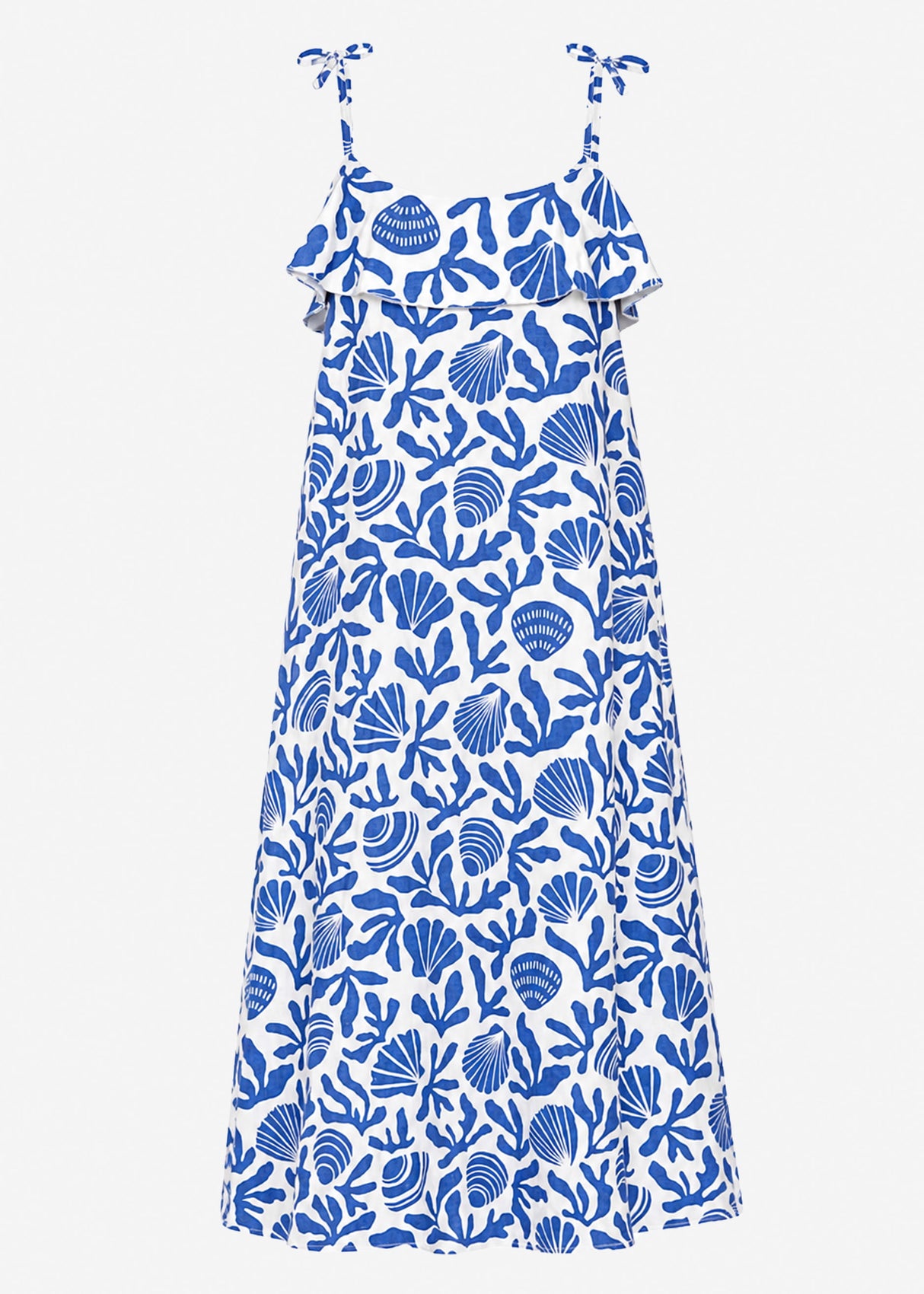 Langes Trägerkleid mit Muschel- und Korallen-Print - weiß-blau