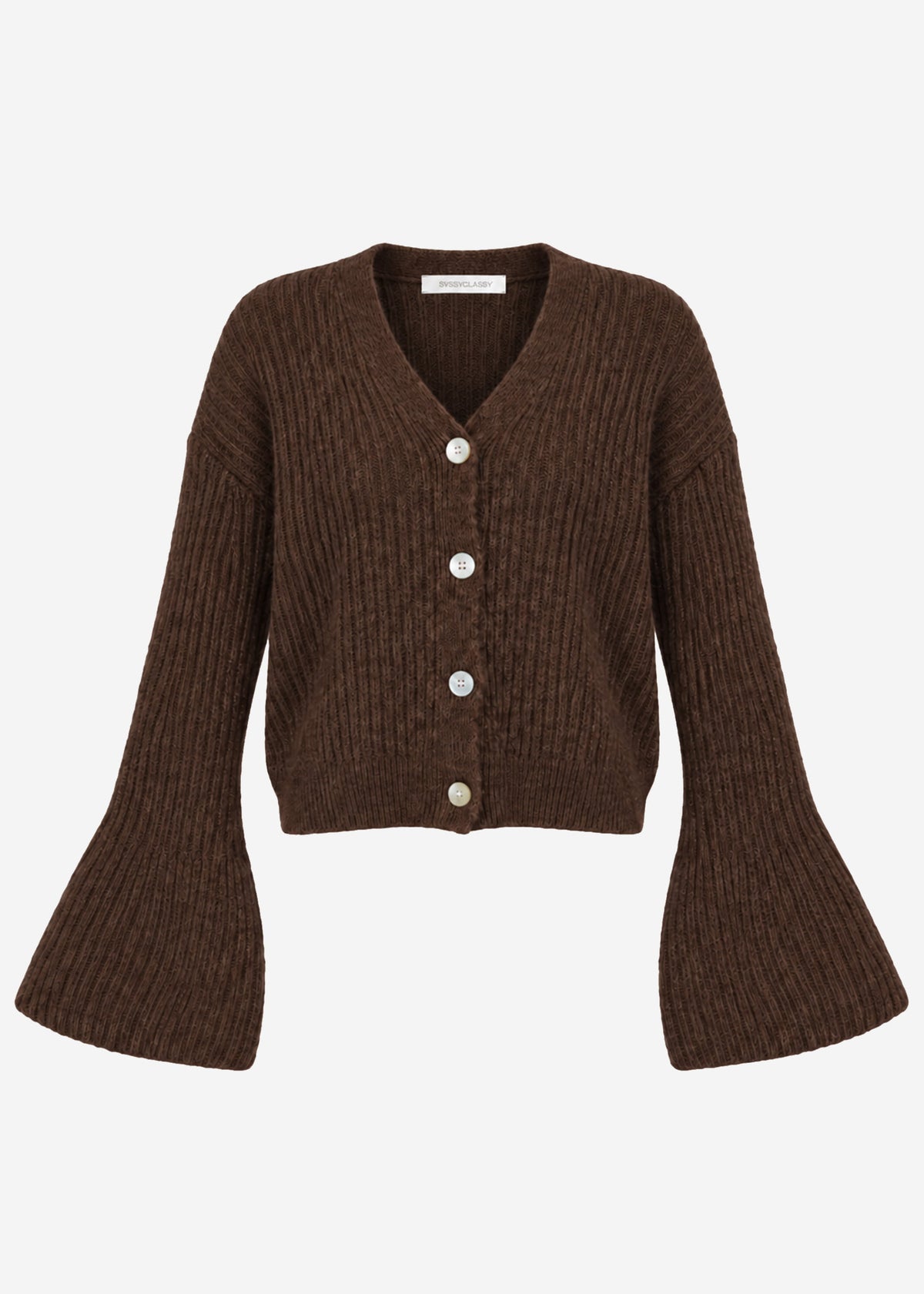 Strickjacke mit Trompetenärmeln - braun