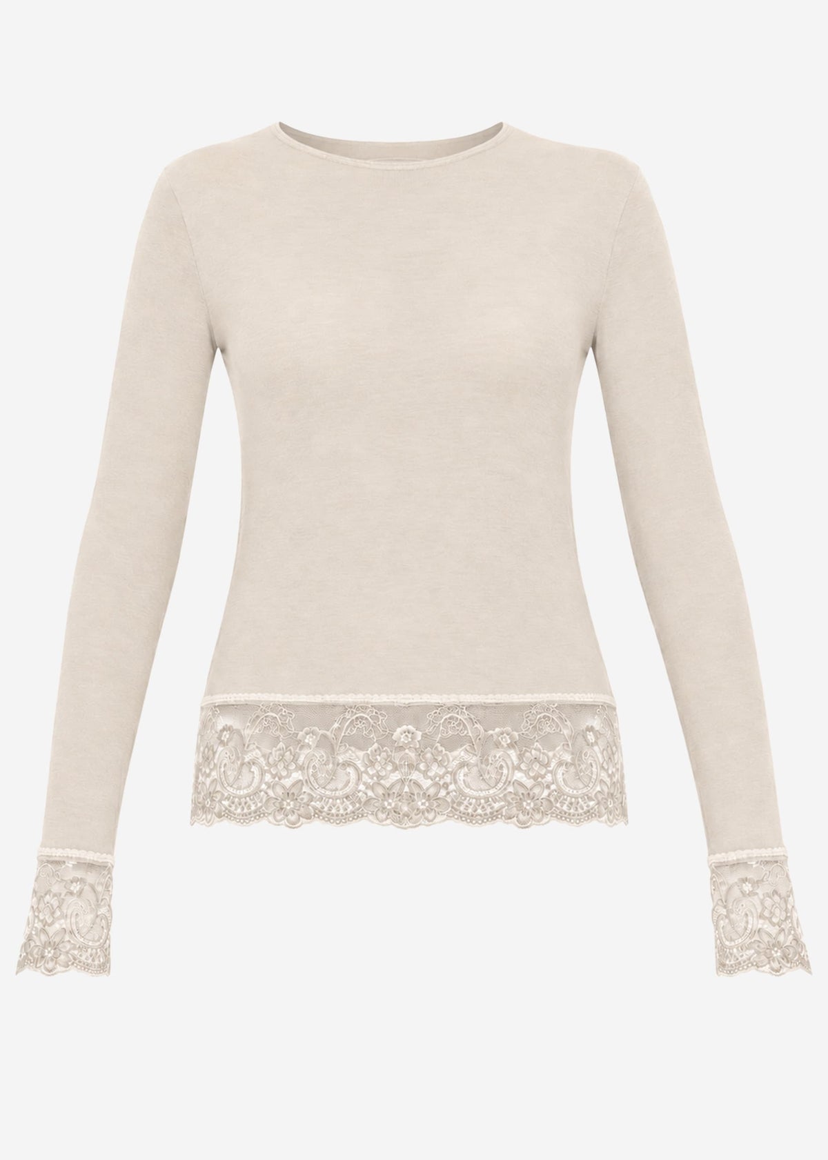 Langarmshirt mit Spitzenborte und Kaschmiranteil - beige