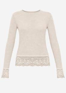 Long-sleeved top with lace trim and cashmere blend - beige