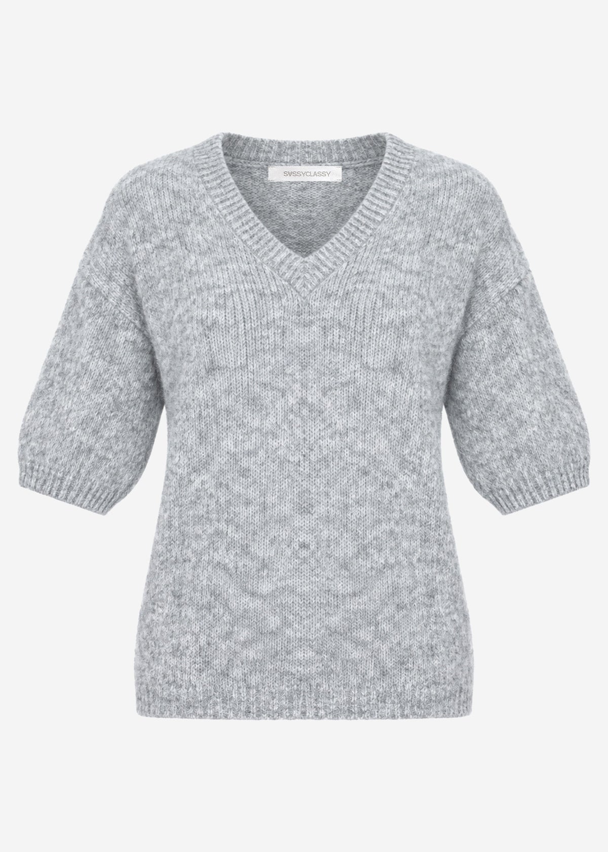 Kurzarm-Strickpullover mit V-Ausschnitt - hellgrau
