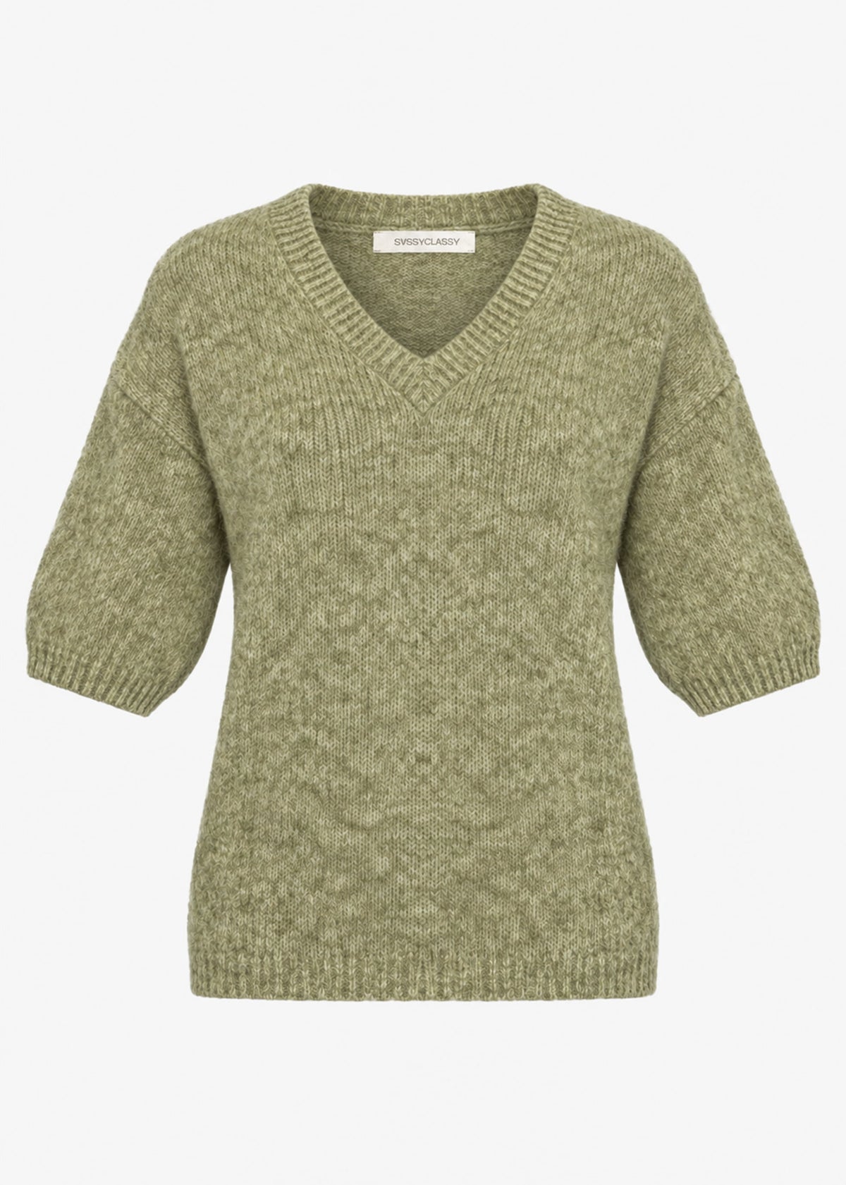 Kurzarm-Strickpullover mit V-Ausschnitt - khaki