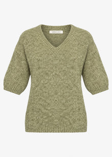 Kurzarm-Strickpullover mit V-Ausschnitt - khaki