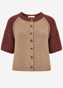 Short-sleeved cardigan with exposed seams - beige-mauve