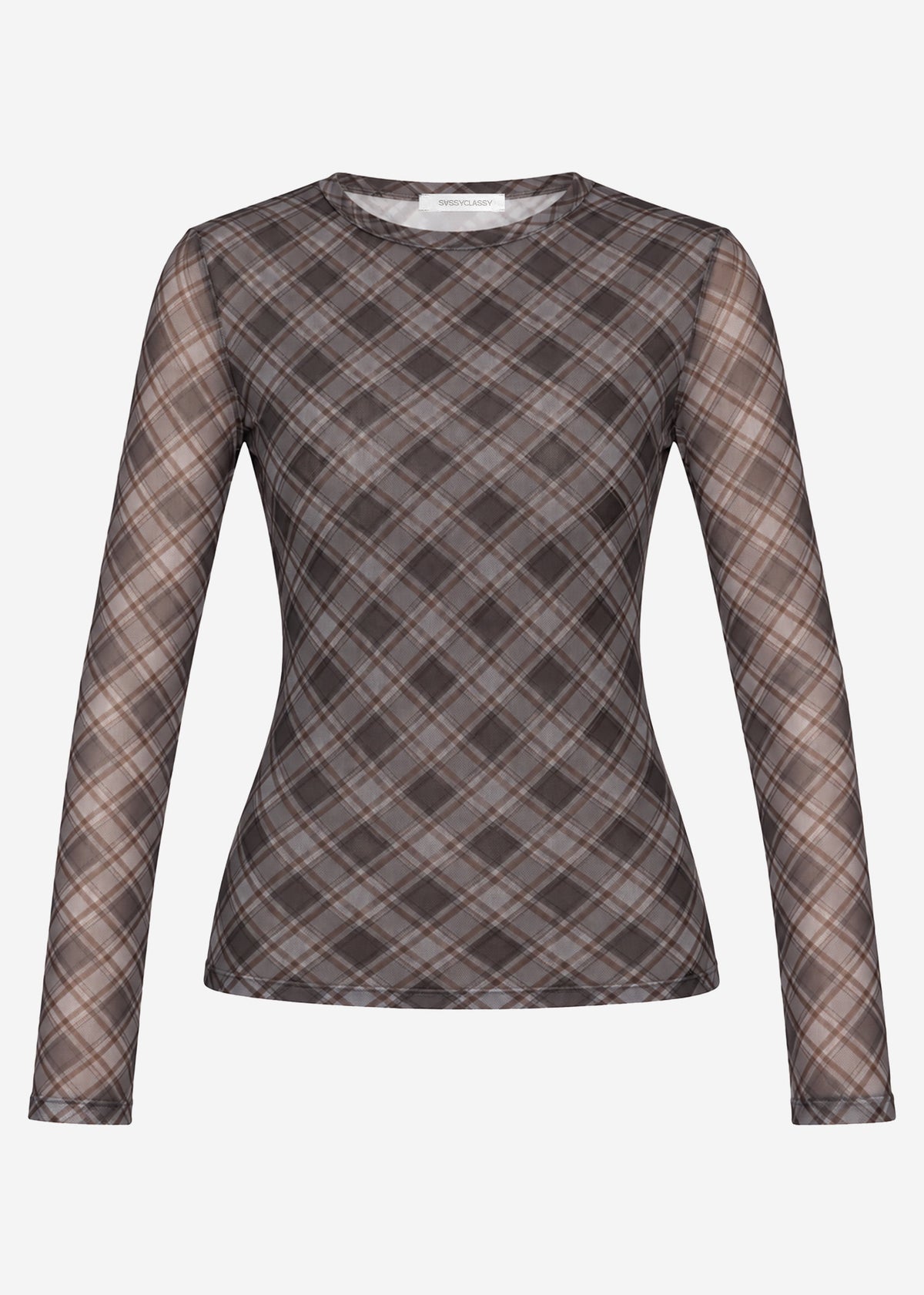 Mesh long-sleeved top with checked pattern - black
